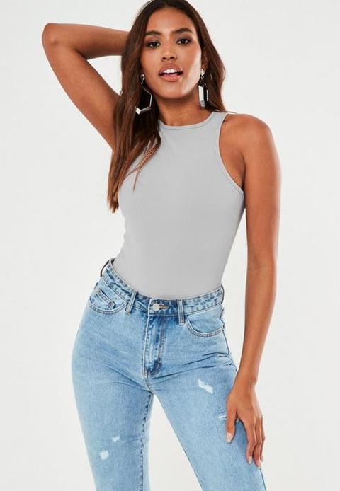 Grey Ribbed High Neck Racer Back Bodysuit, Grey