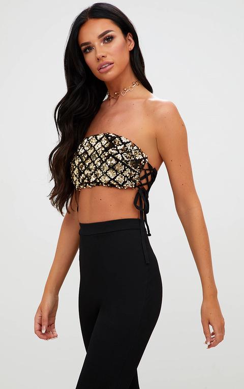 Gold Sequin Mermaid Bandeau Crop Top, Yellow