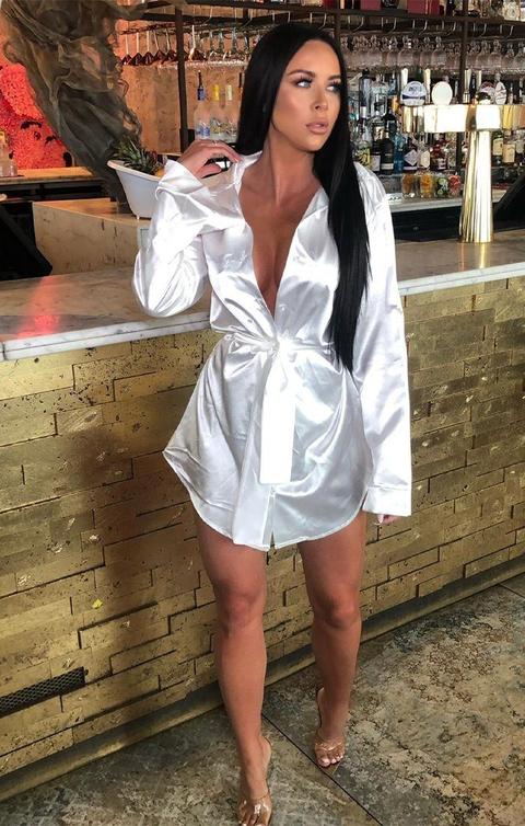 White Satin Belted Shirt Dress - Aleah