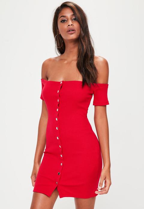 Red Popper Detail Bardot Bodycon Dress, Red