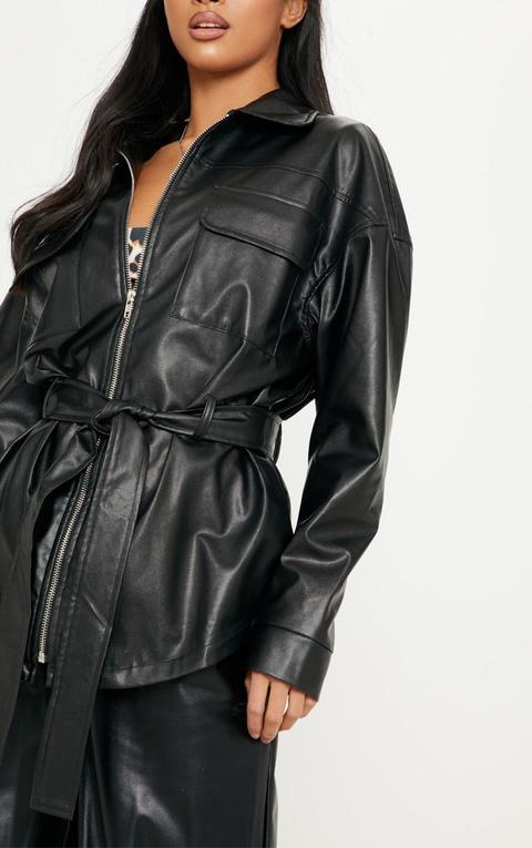 Petite Black Faux Leather Belt Detail Jacket