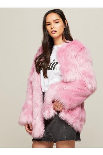 Womens Pink Faux Fur Mid Length Coat, Pink