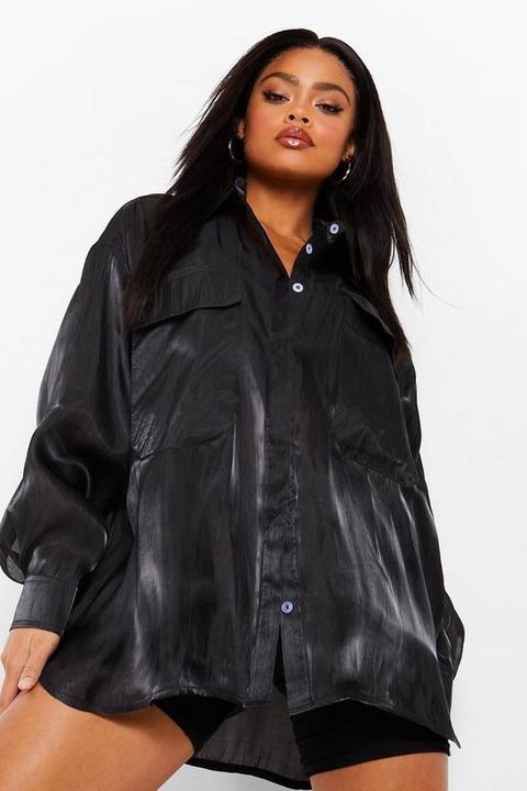 Womens Satin Oversized Shirt - Black - 6, Black