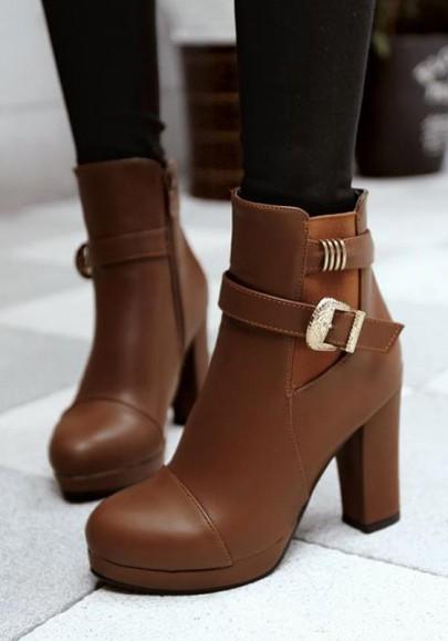 Light Brown Round Toe Chunky Zipper Buckle Fashion Ankle Boots