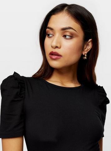 Womens Petite Black Puff Sleeve Bodysuit, Black