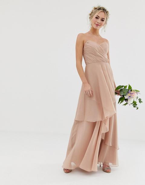 Asos Design - Vestito Lungo A Fascia Da Damigella Con Morbida Gonna A Strati - Rosa