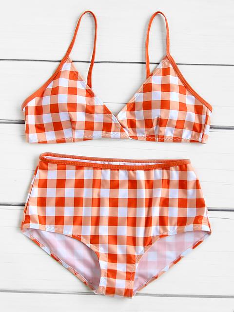 Sets De Bikini De Cintura Alta Con Estampado De Guingán