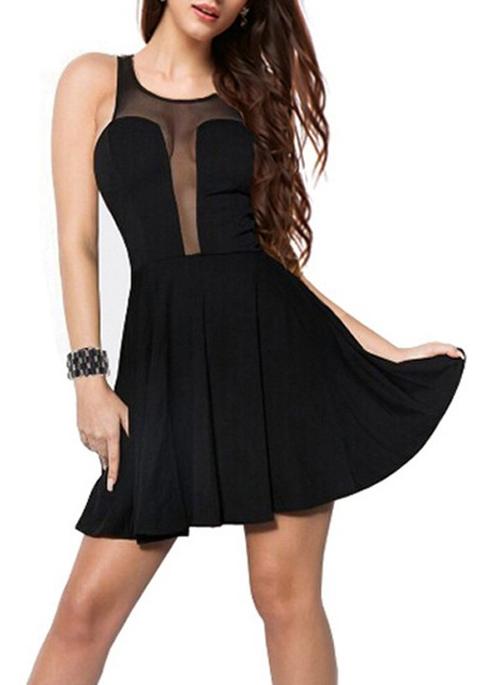 Mini Abito Grenadina Collo Rotondo Senza Maniche Moda Nero