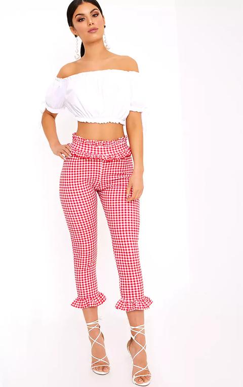 Keren Red Gingham Frill Trim Trousers, Red