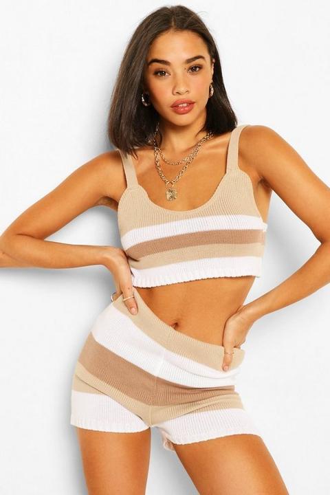 Tonal Stripe Knitted Crop Top - Gris Pierre - S/m, Gris Pierre