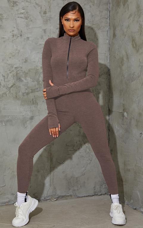Prettylittlething Chocolate Embroidered Cuff Rib Catsuit