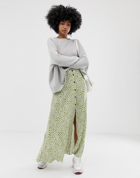 Asos Design - Jupe Longue Boutonnée Sur Le Devant Avec Imprimé À Fleurs Vert - Multi