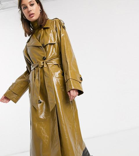 Asos Design Tall Vinyl Trench Coat In Khaki-green