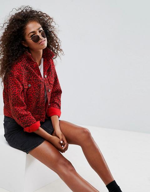 Asos Denim Jacket In Red Leopard Print