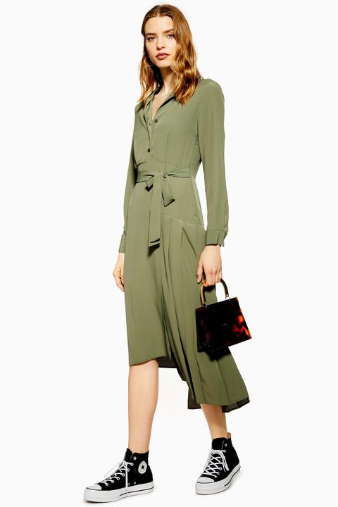 Womens Khaki Pleat Wrap Step Hem Shirt Dress - Khaki, Khaki