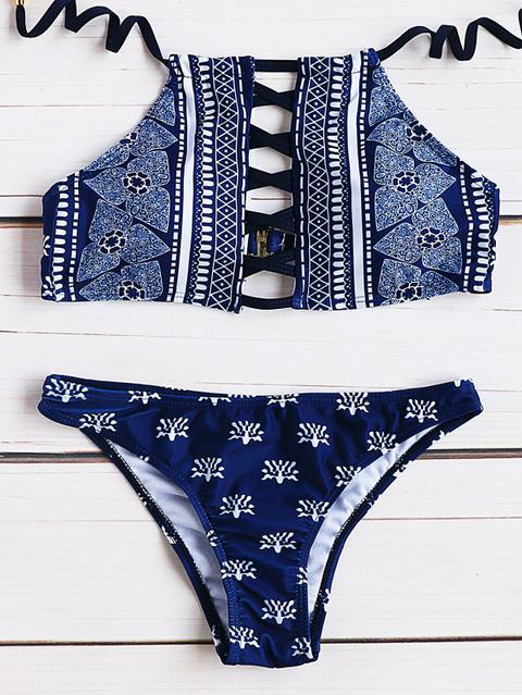 Set Bikini Con Estampado Étnico Con Tiras Cruzadas - Marino