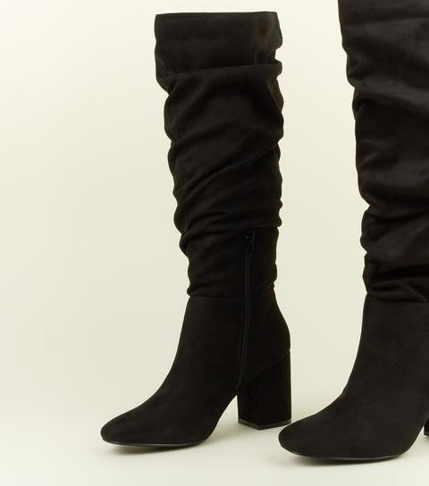 Black Extra Calf Fit Suedette Ruched Block Heel Boots New Look from NEW ...