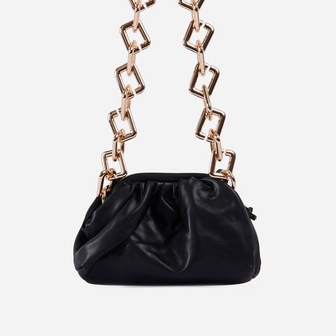 Tia Chunky Chain Pouch Bag In Black Faux Leather,, Black