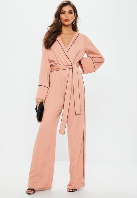 Pink Contrast Piping Pyjama Wrap Jumpsuit, Pink