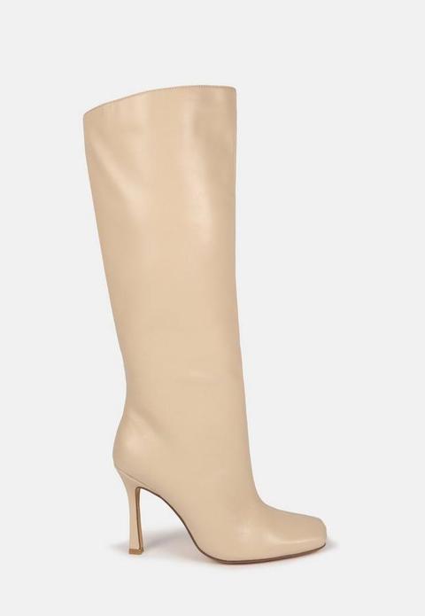 Sand Faux Leather Knee High Heeled Boots, Camel