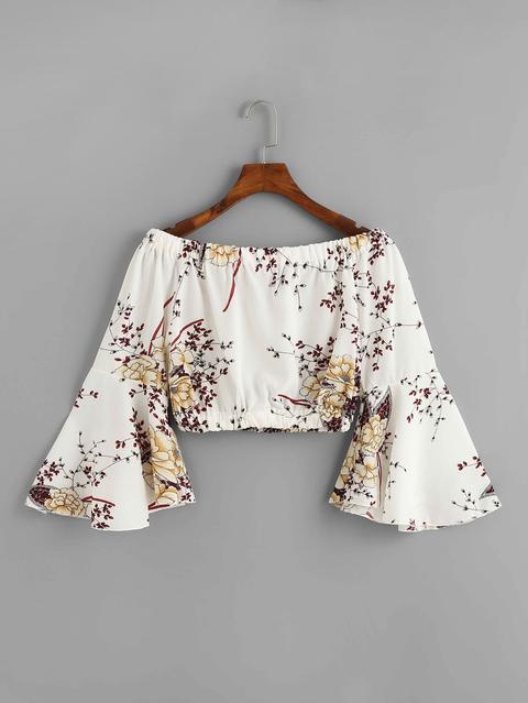 Top Floral De Manga Flauta De Hombros Descubiertos