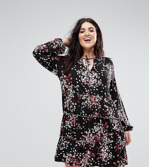 Asos Curve - Geblümtes Hängerkleid Mit V-ausschnitt Und Ballonärmeln - Mehrfarbig