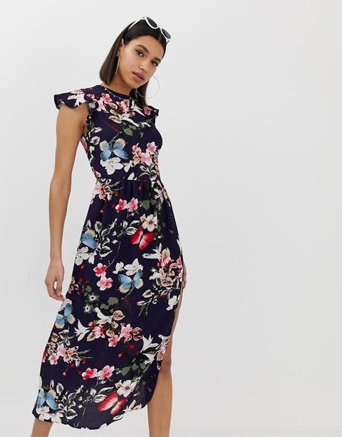 Ax Paris - Vestito Midi A Fiori - Navy