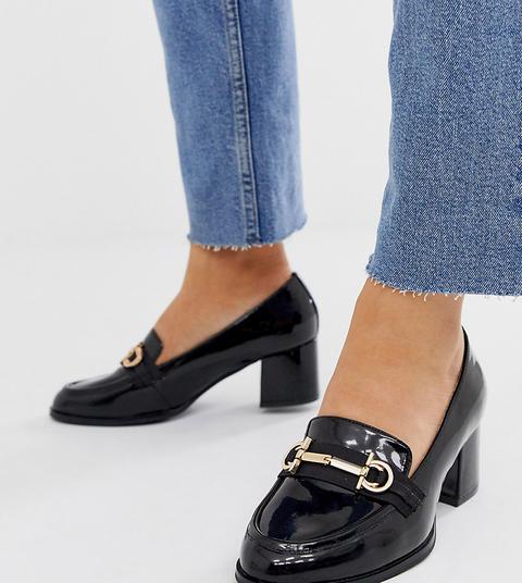 Asos Design Wide Fit Stirrup Mid-heeled Loafers In Black Patent - Black