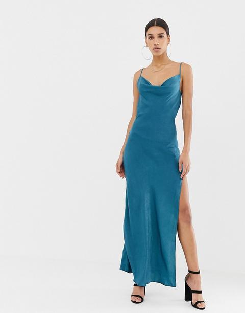 Vestido Camisola Largo En Satén Con Cuello Desbocado En Azul De Missguided