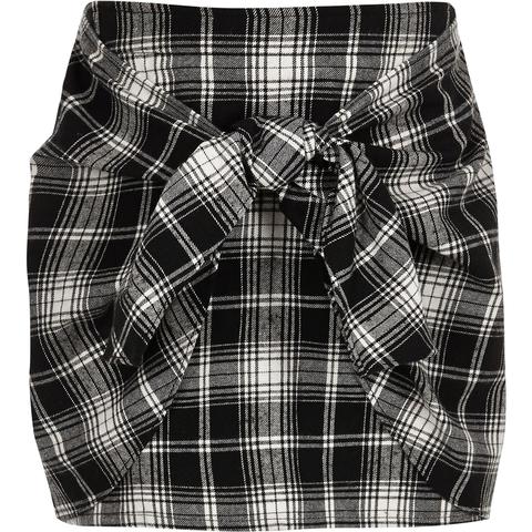 Girls Black Check Front Tie Knot Skirt