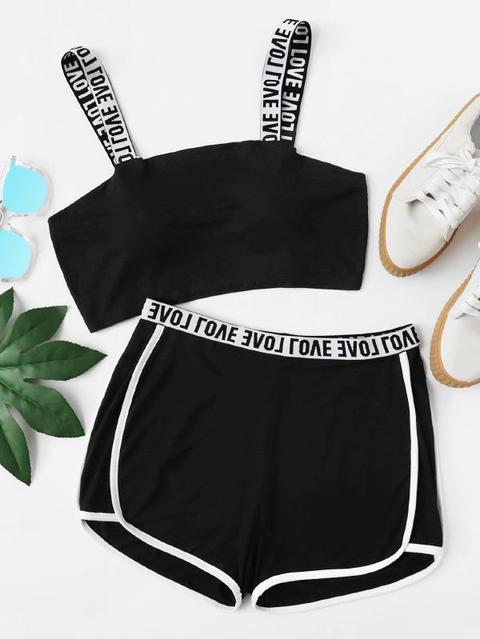 Conjunto Sujetadores Deportivos Con Letras De Dos Colores Con Shorts