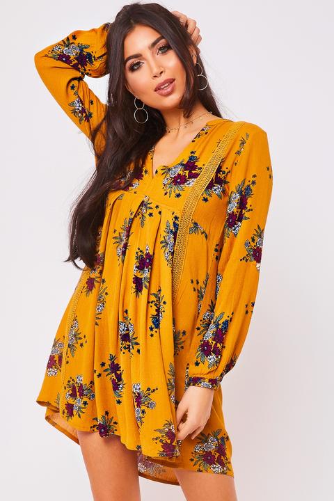 Gina Mustard Floral Print Boho Festival Dress