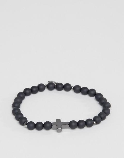 Icon Brand - Bracciale Con Croce Di Perline Nero Opaco - Nero