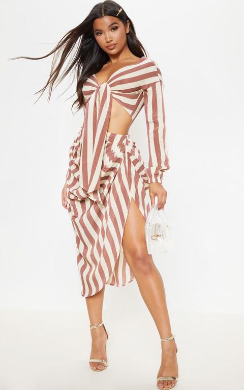 Tan Stripe Ruched Side Midi Skirt, Brown