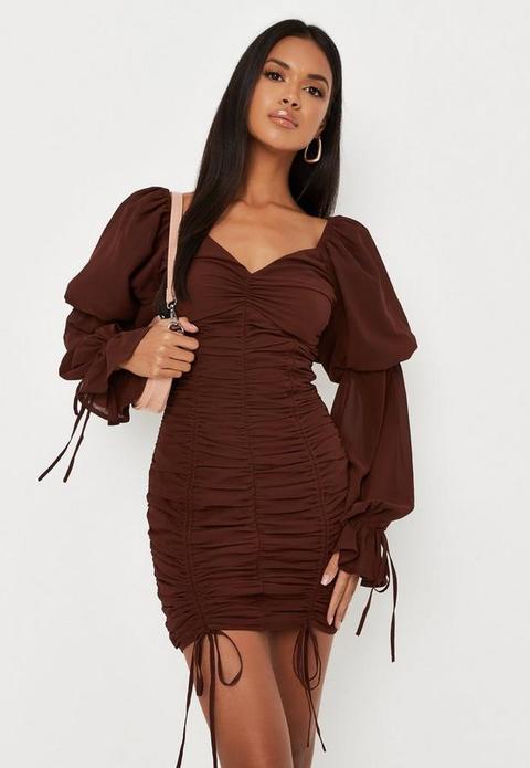 Chocolate Chiffon Overlay Puff Sleeve Mini Dress, Brown