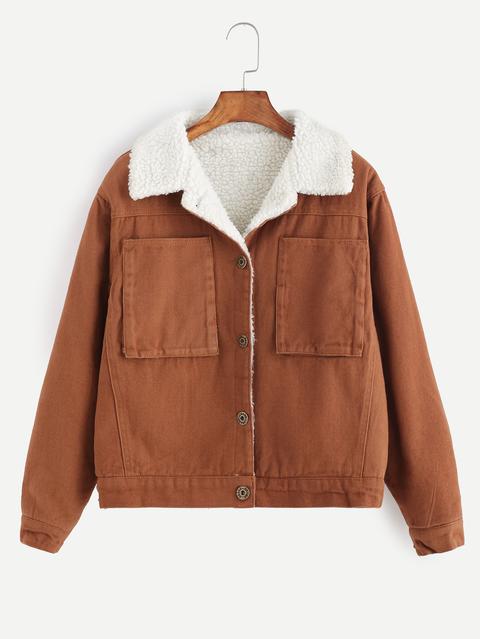 Khaki Single Breasted Sherpa Lined Jacket