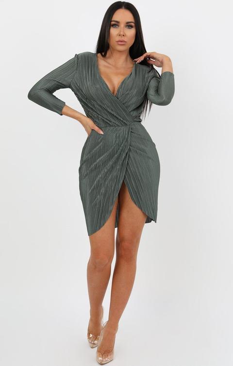 Khaki Pleated Wrap Dress - Violet