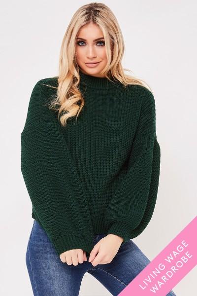 Rhiannon Green Balloon Sleeve Knitted Jumper