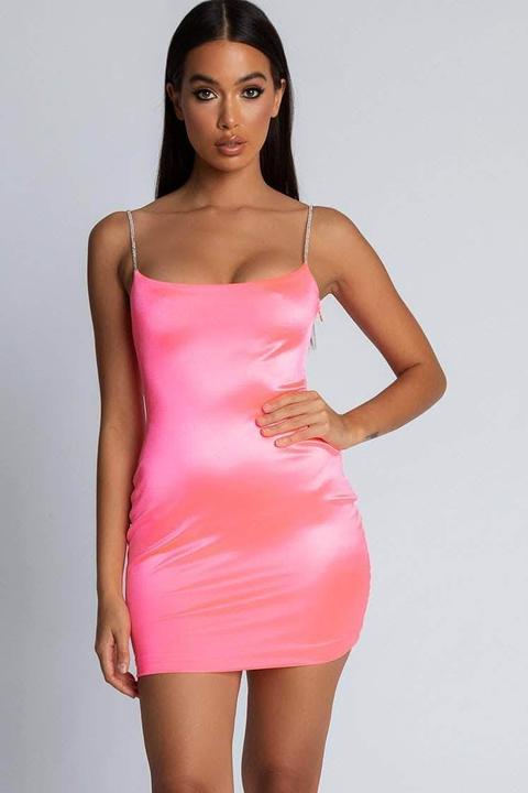 Ruby Diamante Strap Mini Dress - Neon Pink