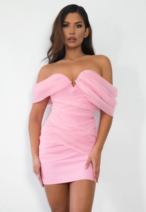 Petite Blush Mesh Bardot Mini Dress, Pink