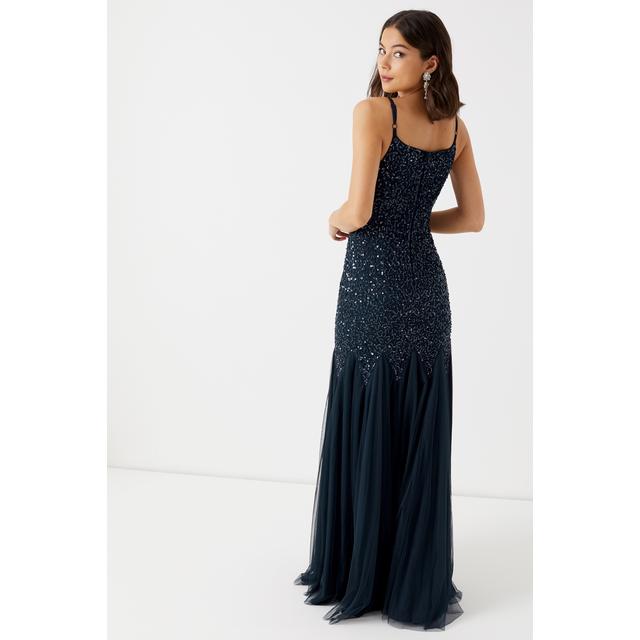 maya black sequin fishtail maxi dress