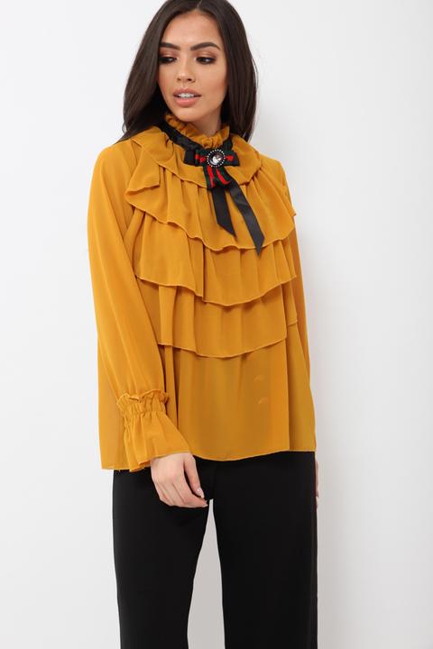 Mustard Sheer Ruffle Blouse With Striped Neck Tie - Viktoria