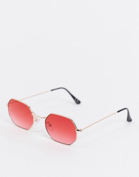 Asos Design Square Sunglasses In Gold With Red Lens