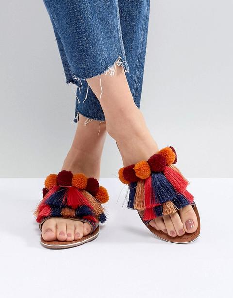 Sandalias Planas Con Pompones Y Borlas Multicolor De Glamorous