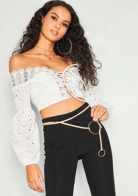 Kalli White Bardot Crochet Lace Up Crop Top