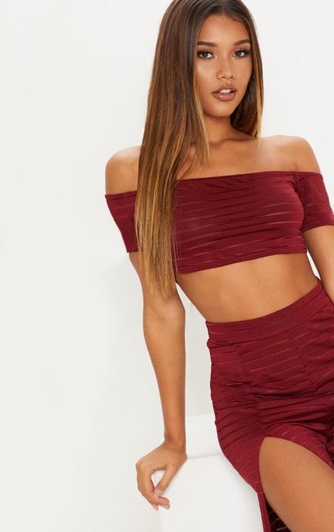 Maroon Mesh Stripe Bardot Crop Top