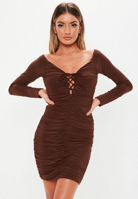 Chocolate Slinky Ruched Mini Dress, Chocolate