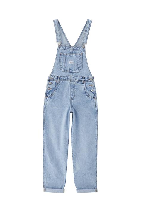 Pull&bear Femme Salopette Longue Basique En Jean Avec Poche Kangourou, Bretelles Réglables, Poches, Boutons Et Revers Dans Le Bas. Bleu Xs