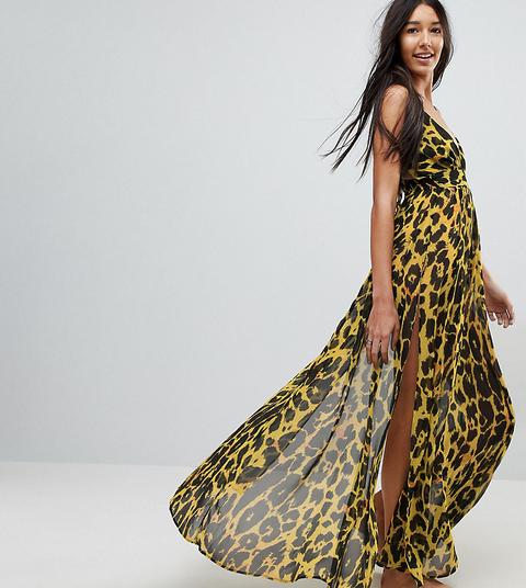 Asos Design Tall - Copricostume Lungo In Chiffon Con Stampa Maculata E Scollo Profondo - Multicolore