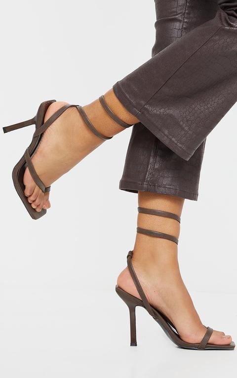 Brown Square Toe Spring Ankle Strap Heel Sandals